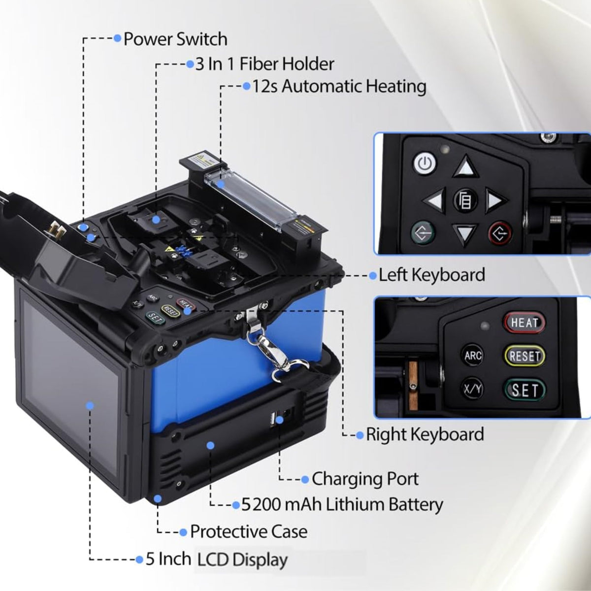 GarveeTech Fusion Splicer with 6 Motors Core Alignment, 6 Motor Core Alignment FTTH Fiber Fusion Splicer, 5 in Digital LCD Screen, 7s Fast Splicing & 12s Heating