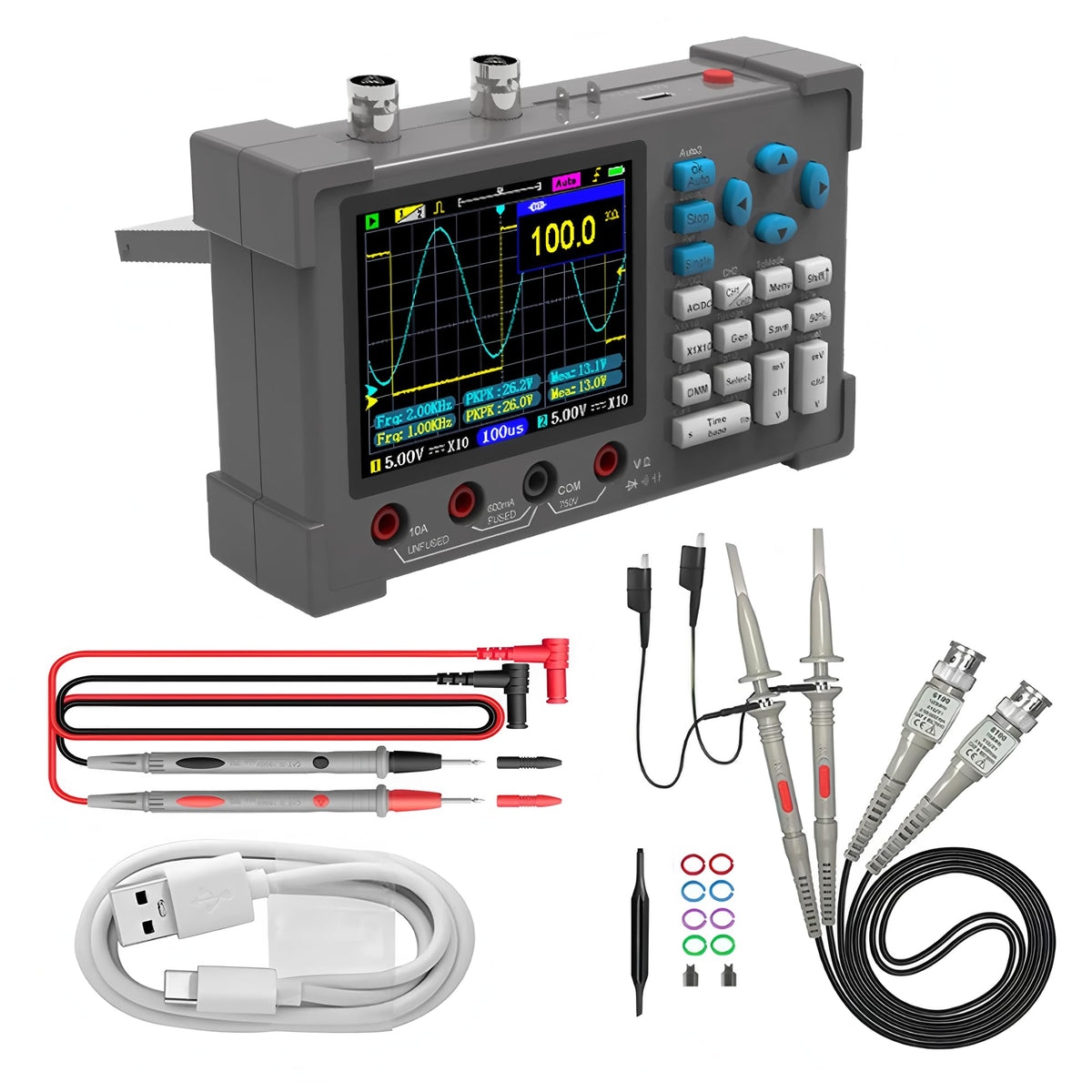ZEEWEII 3in1 Digital Oscilloscope Multimeter Signal Generator Dual Channel 120Mhz Bandwidth 250MSa/s Sampling Rate Handheld Oscilloscope(DSO3D12)