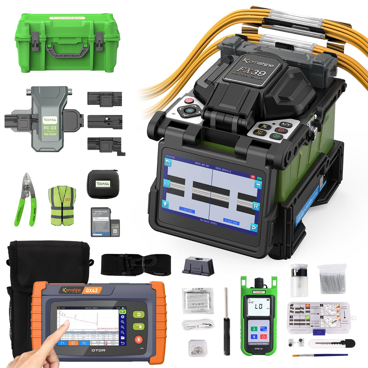 FX39 Fiber Fusion Splicer Six Motors Core Alignment 6s Splice; 16s Heat +1310/1550nm 26/24dB Touch Screen 4.3 Inch SM OTDR Built in OPM, OLS, RJ45