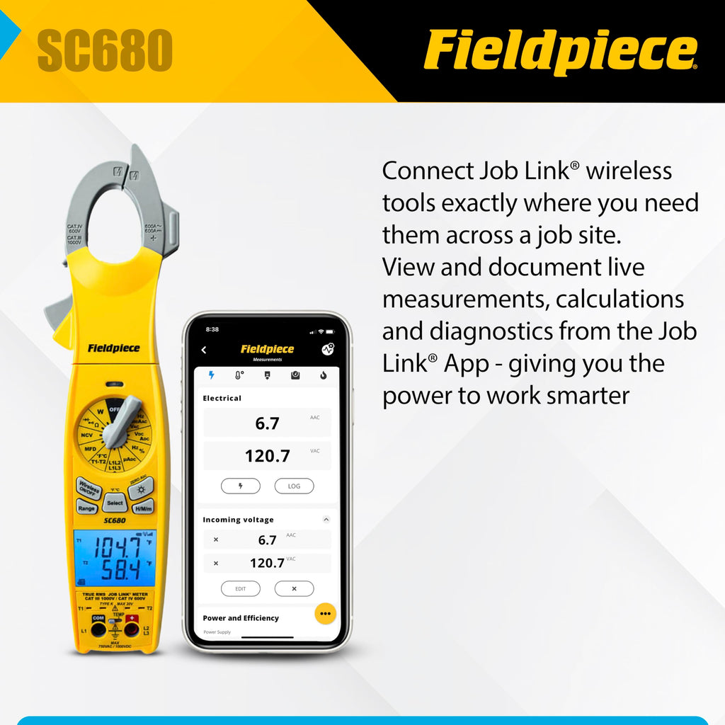 Fieldpiece SC680 Clamp Meter - Wireless Power Multitester for HVACR Professionals - AC/DC Swivel Clamp Meter with Dual Display - HVAC Tools