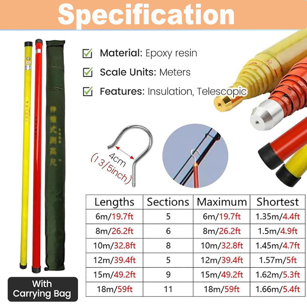 Retractable High-Voltage Height Measuring Pole,Lineman Epoxy Resin Telescoping Height Measuring Stick,20ft 30ft 40ft 50ft 60ft Electrical Safety Tool for Trees,Power Lines,Ceilings Construction