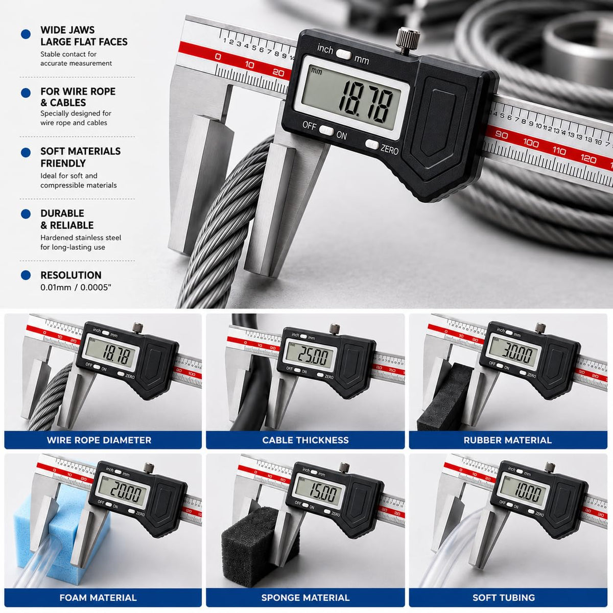 Wire Rope Caliper with Large Flat Faces, Wide Jaw Stainless Steel Measuring Tool, 0.01mm Resolution(50 × 50mm，0-150mm)
