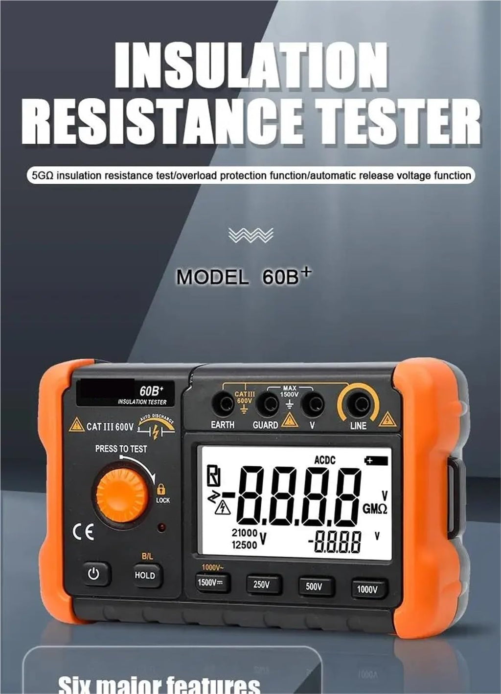 Resistance Meters, 60B+ Insulation Resistance Tester 1000V Megohmmeter 5GΩ Ohm Meter Professional Digital Ohmmeter Electrical Megometer