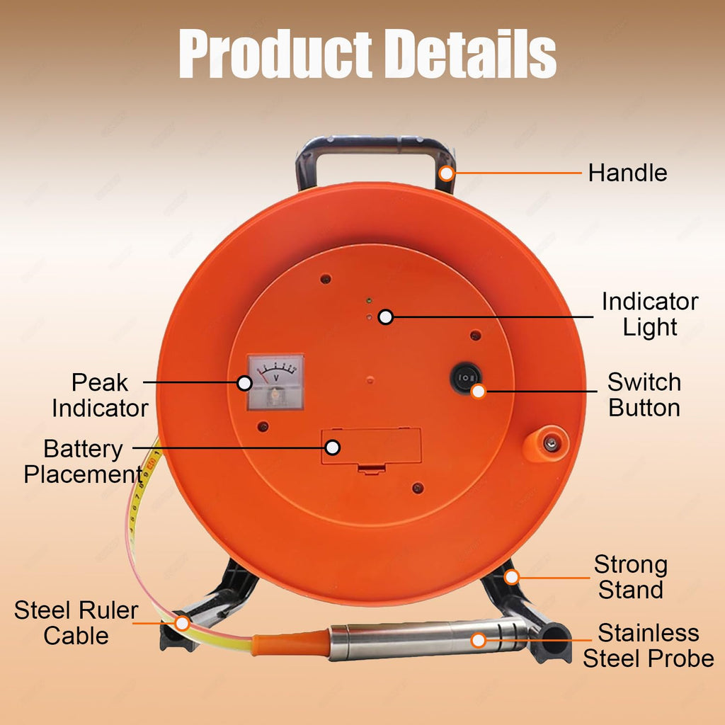 Well Water Depth Gauge - Stainless Steel Probe, Peak Display, Measures 10-300 Meters (328ft) - Ideal for Shallow Wells & Deep Boreholes, Accurate Water Level Measurement.