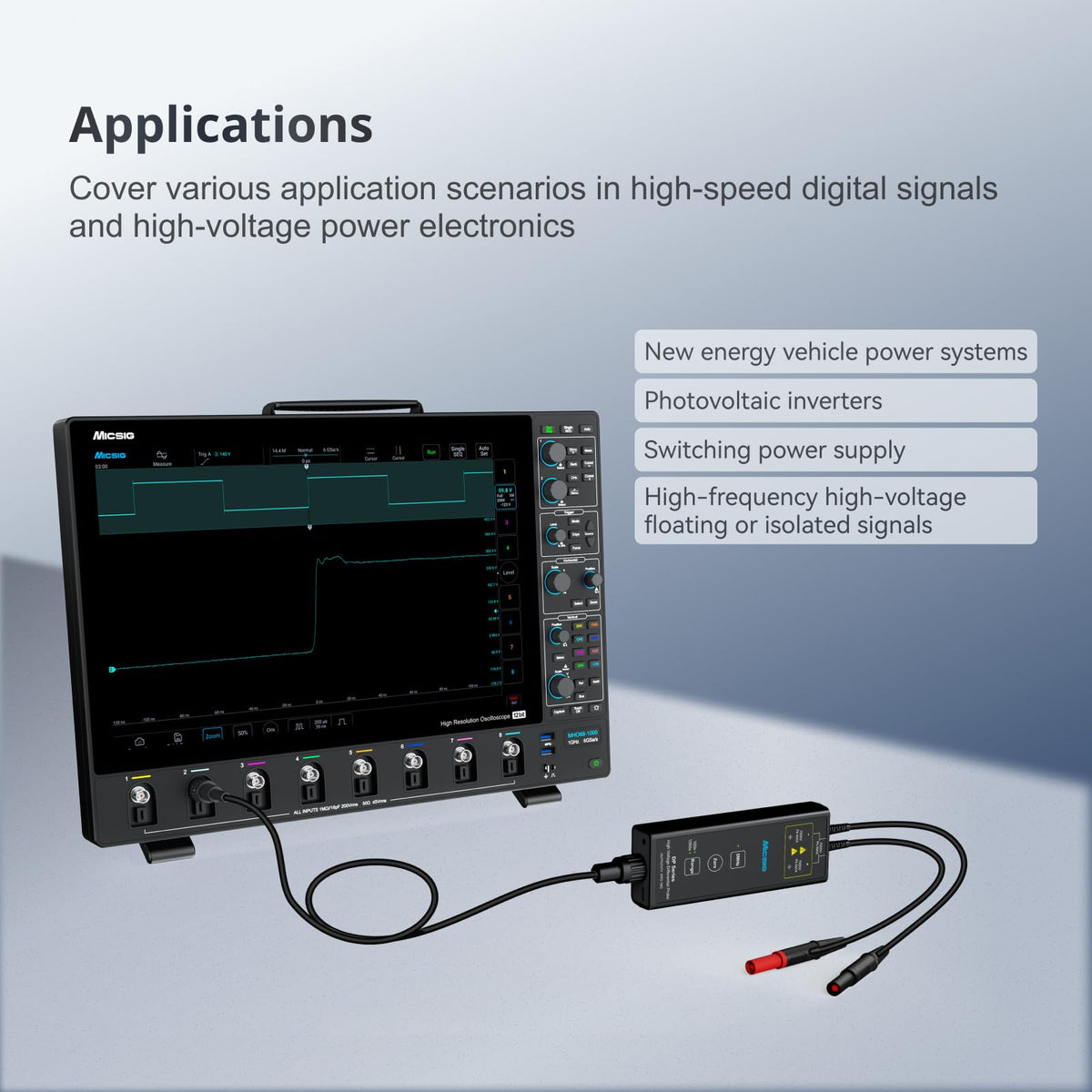 Micsig DP1500 High Voltage Differential Probe Kit, 3.5ns Rise Time 50X/500X Attenuation Rate Oscilloscope Probe Kit Accessory, 1500V 100MHz (DP10013 Upgrade)