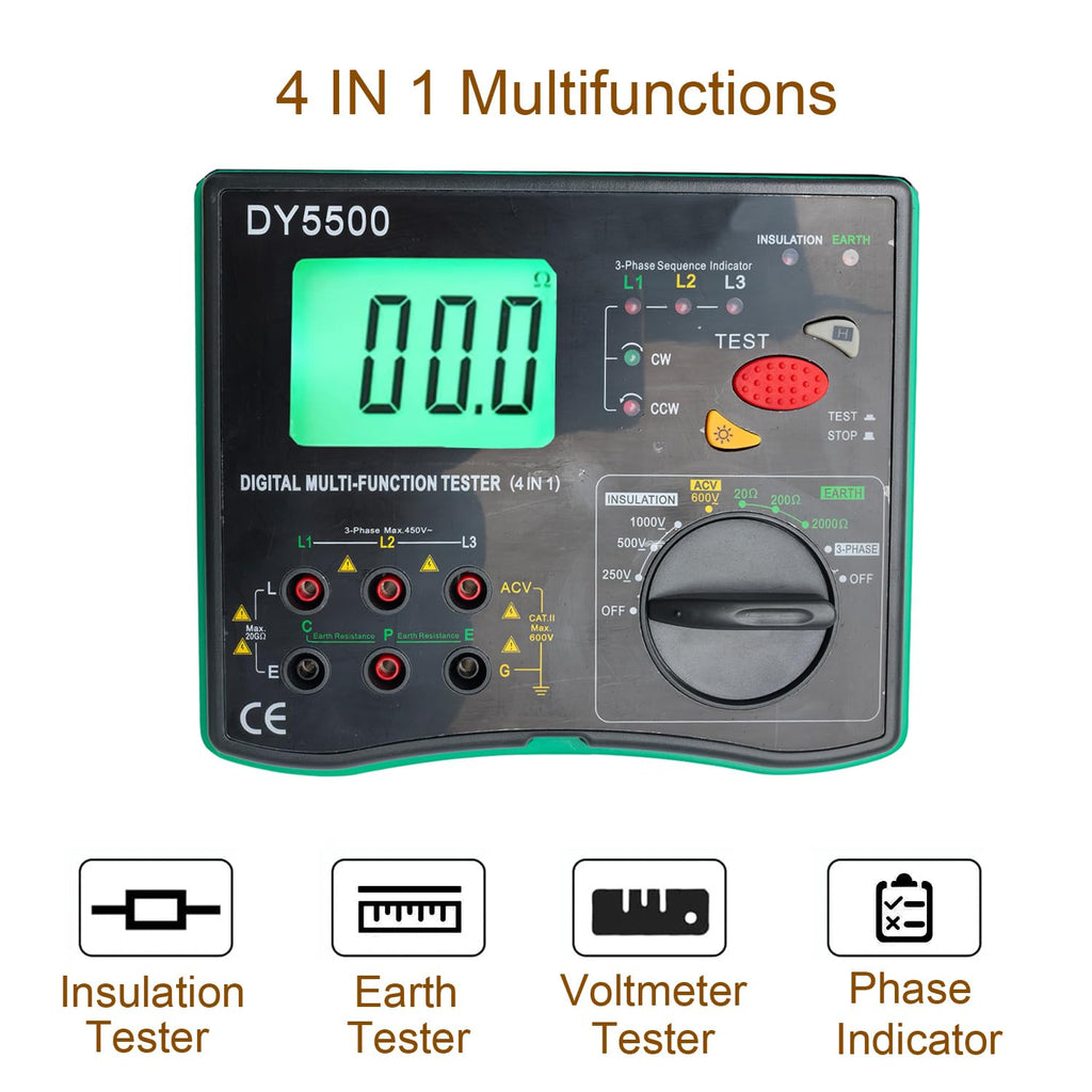 4-in-1 Digital Multimeter with Ground Earth Resistance Tester, Insulation Resistance Tester, Phase Sequence Detector & Voltmeter - 0.01Ω Resolution 600V AC/DC Voltage Measurement Auto-Ranging