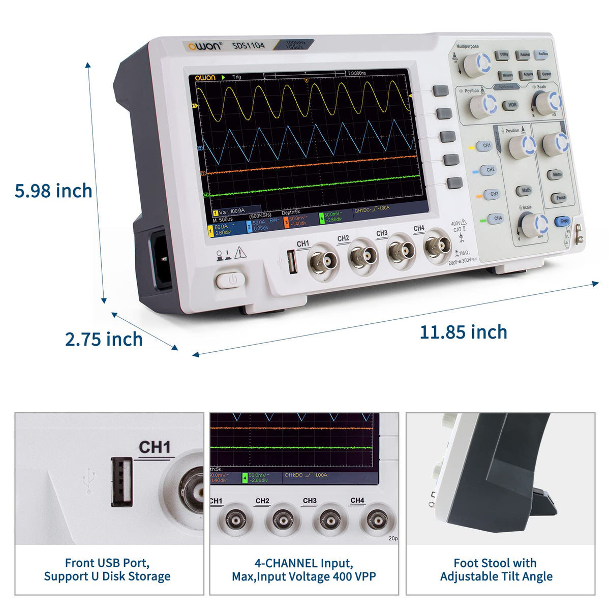 OWON 100Mhz Digital Oscilloscope SDS1104, 7 inch LCD Digital Storage oscilloscope Support SCPI, and LabVIEW,1GS/s 4 Channels Standard Decoder