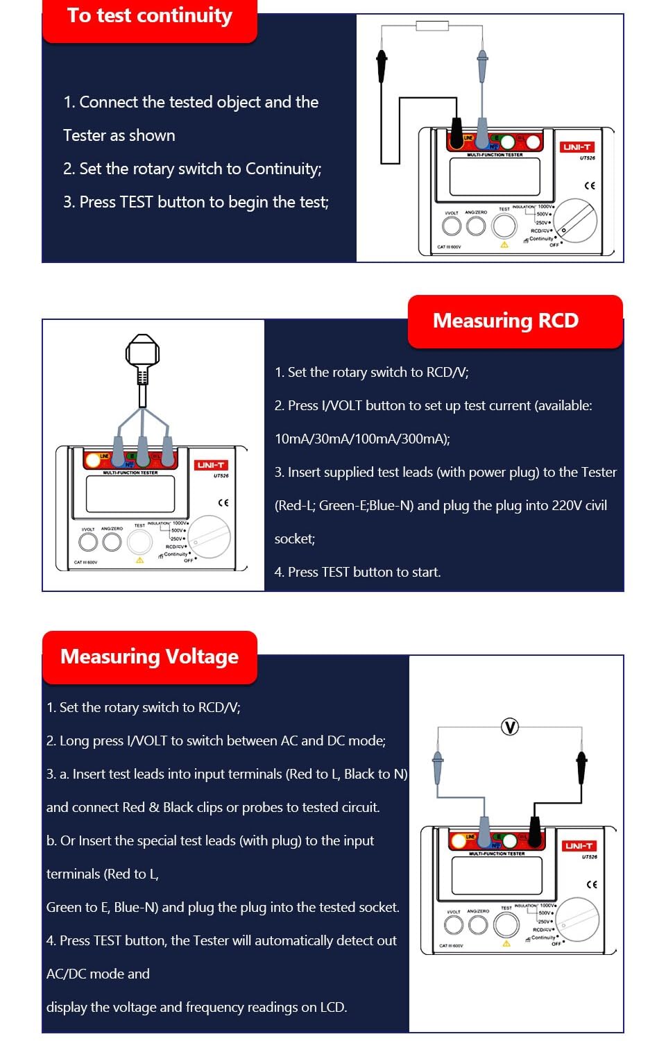 UNI-T Digital Electrical Meter Insulation Resistance Tester AC DC Voltmeter UT526 RCD Test/Low Resistance Continuity Measure(UT526)