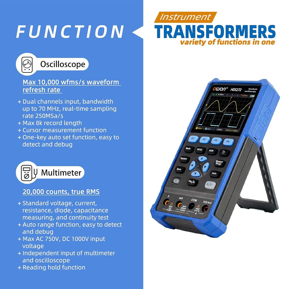 OWON HDS272 oscilloscope 2 in 1 70MHz Professional Handheld PC oscilloscope, 20000 Counts Digital multimeter 3.5 inch LCD Display Universal Test Instrument (oscilloscope+multimeter)