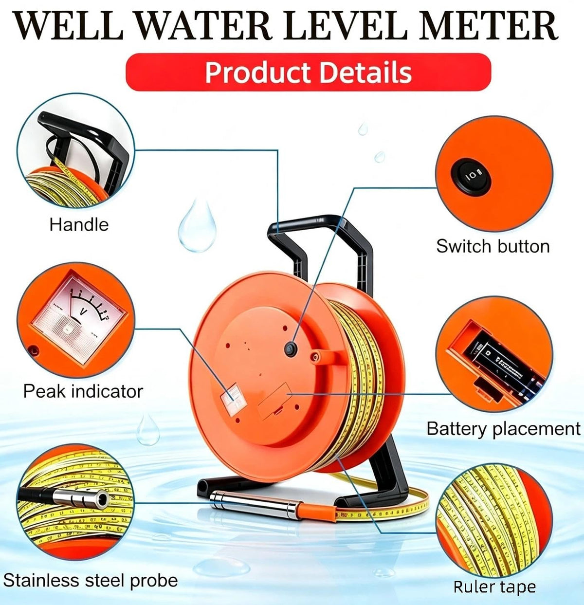 10m(32.8 ft)-500m(1640ft) Water Level Meter Well Waters Depth Meter