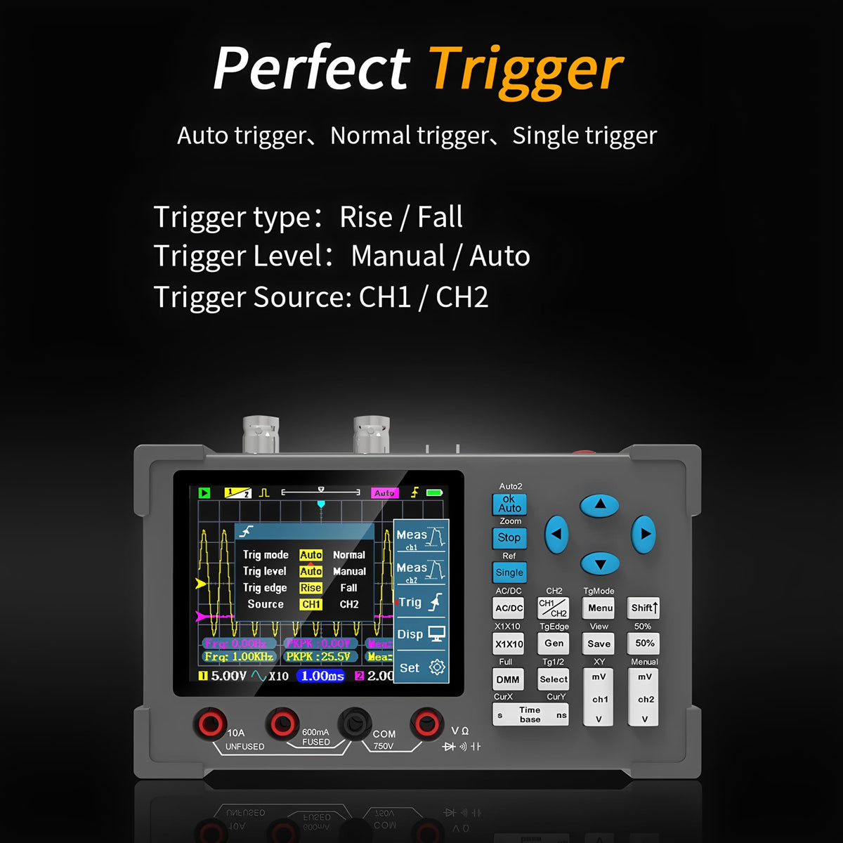ZEEWEII 3in1 Digital Oscilloscope Multimeter Signal Generator Dual Channel 120Mhz Bandwidth 250MSa/s Sampling Rate Handheld Oscilloscope(DSO3D12)