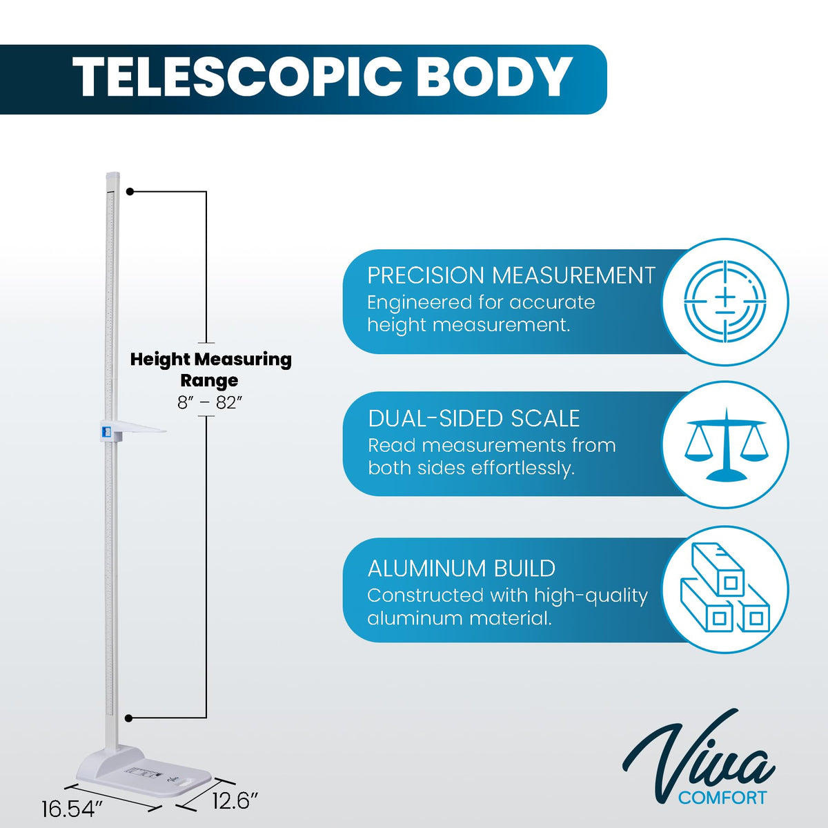 VivaComfort Aluminum Portable Stadiometer, Height Measurement Tool for Adults and Kids, 8–82 In/20–210 cm Measuring Range – for Home, Gym, Pediatric or Medical Offices, with Carrying Bag