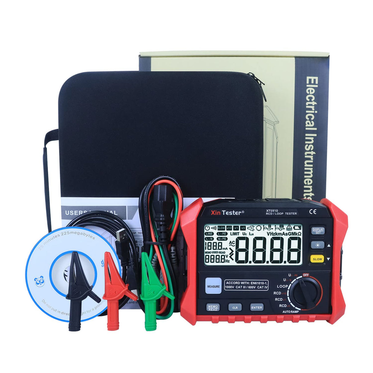Xin Tester Digital Leakage Switch/Loop RCD Resistance Tester, Loop Resistance Meter Trip-Out Current/Time Meter with 2.0 USB Interface, XT5910