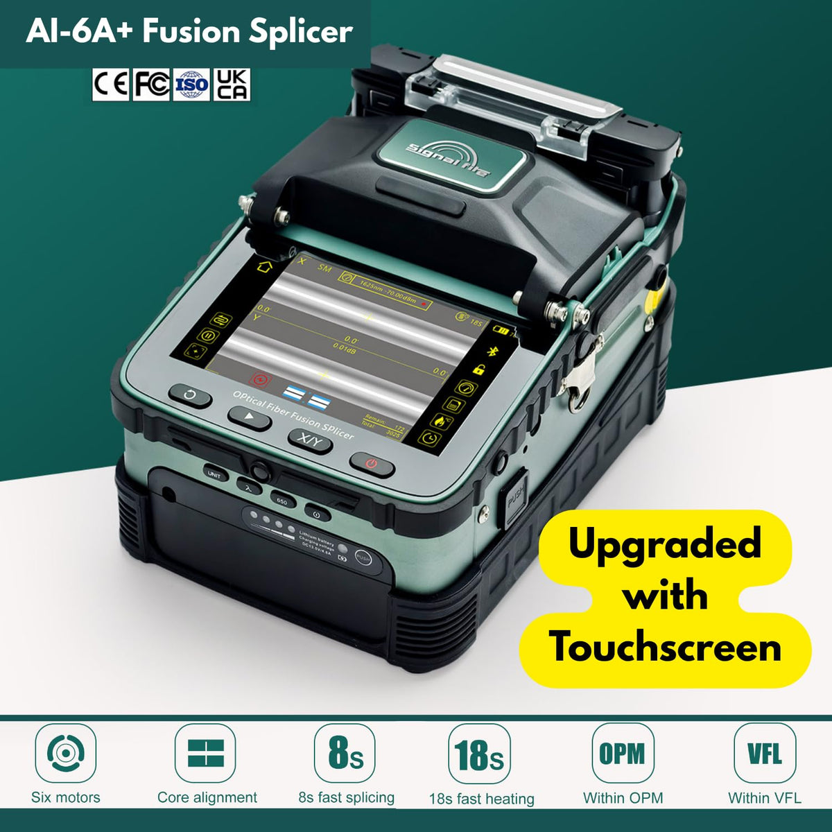 AI-6A+ Entry-Level Fusion Splicer Fiber Optic Splicing Machine Kit with Touch Screen OPM VFL, 6-Motor Core Alignment FTTH Fiber Splicer for Beginners Small Contractors 8s Splice 18s Heat