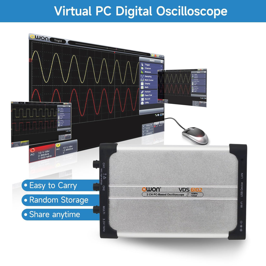 OWON VDS6102 USB PC Virtual Oscilloscope 2+1 (Signal Source) 100 MHz 1GSa/s 8bits ADC Portable Type-C Digital Oscilloscope, Standard SCPI Protocol Supported, LabVIEW Supported