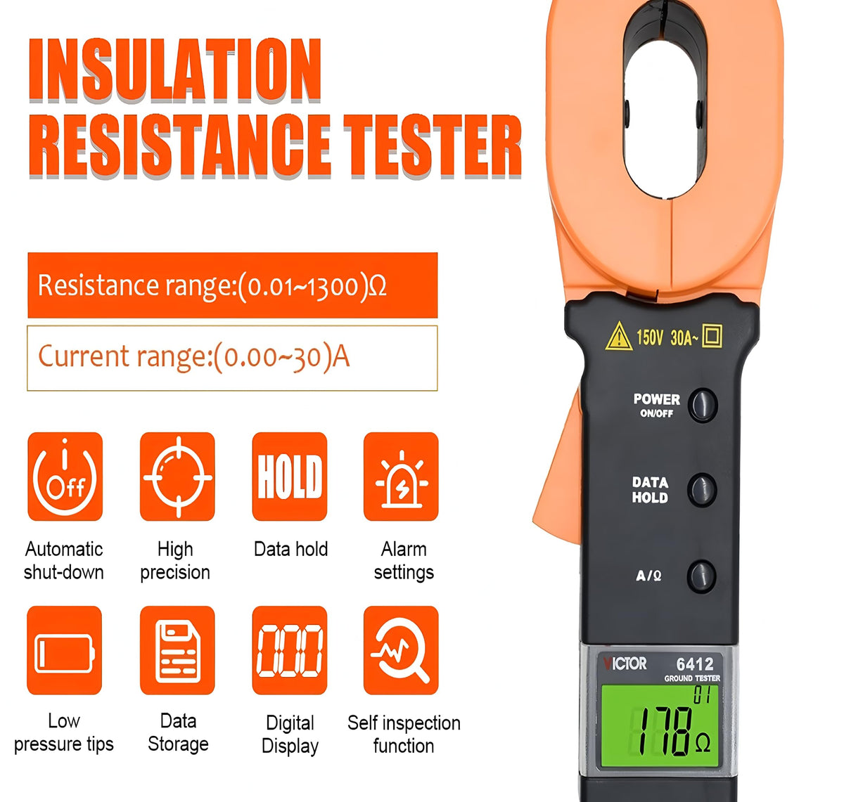 Ohm Meters 6412 6412+ 6V 30A 32mm DC Clamp Type Digital Earth Resistance Ground Tester Industrial and Electrical equipment meter(RUOSHUI 6412)