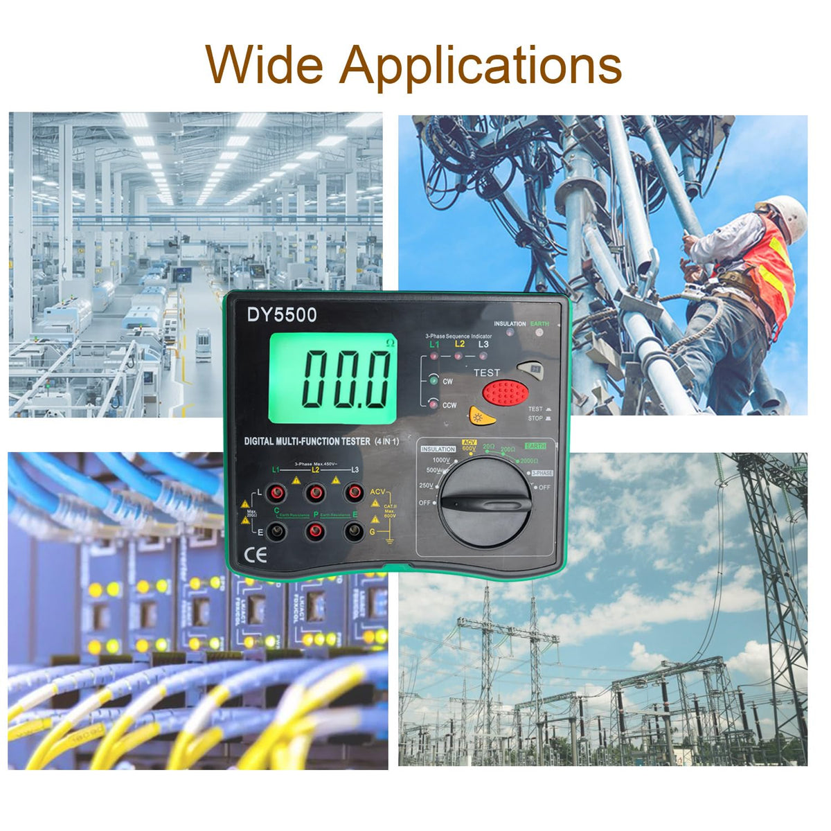 4-in-1 Digital Multimeter with Ground Earth Resistance Tester, Insulation Resistance Tester, Phase Sequence Detector & Voltmeter - 0.01Ω Resolution 600V AC/DC Voltage Measurement Auto-Ranging