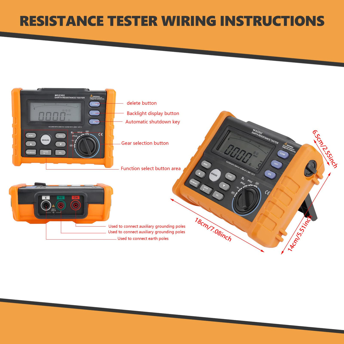 PM2302 Digital Ground Earth Tester, 0 4kΩ Insulation Resistance Meter with LCD Backlight Display for Electricians, Telecom & Power Line Technicians, Portable Soil Resistivity Tester