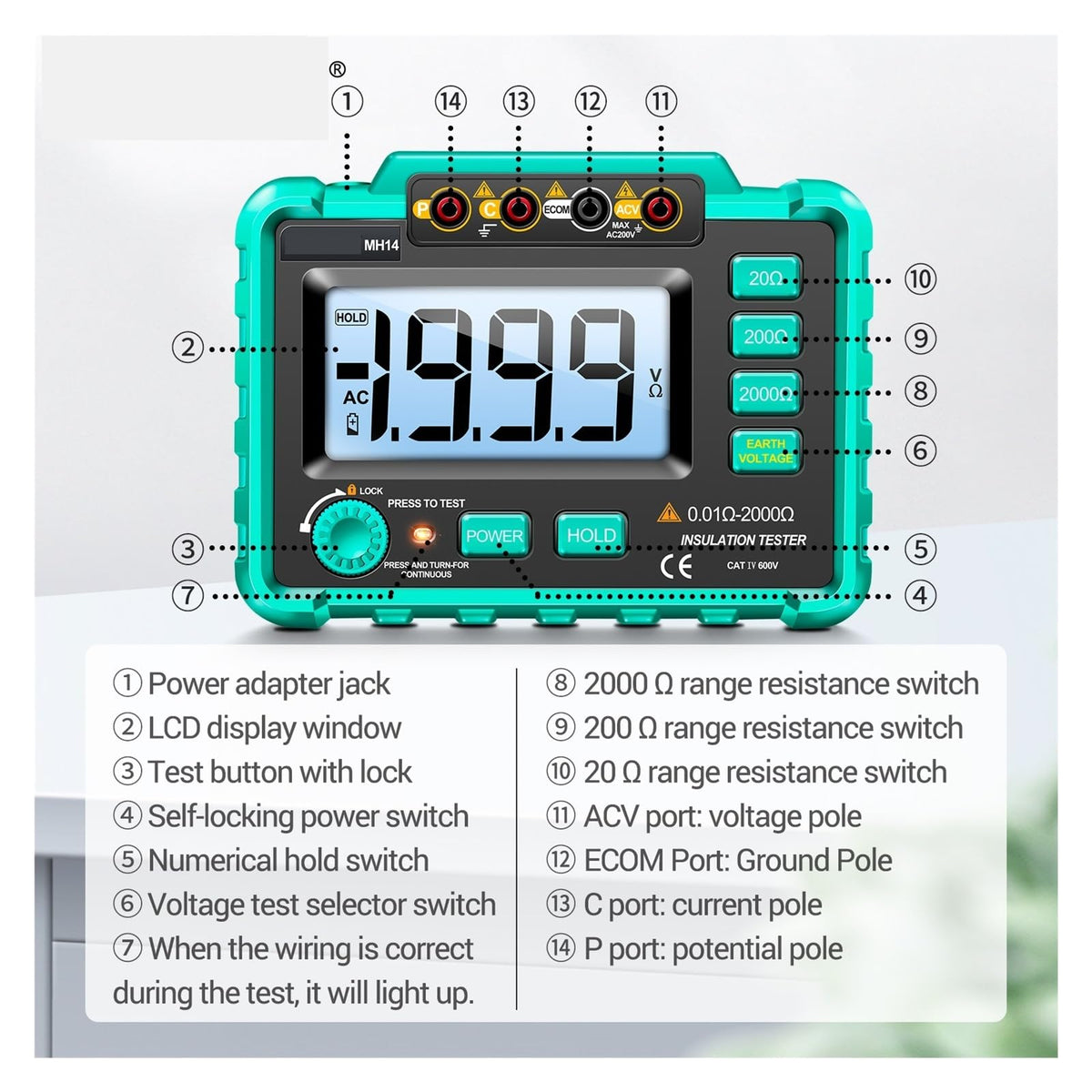 MH14 Electrical Insulation Resistance Tester Digital High-Precision Resistance Grounding Voltage Measuring Meter