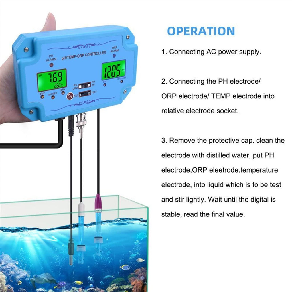 PH/Temp/ORP Controller Water Quality Detector BNC Type Probe Water Quality Tester for Aquarium Monitor