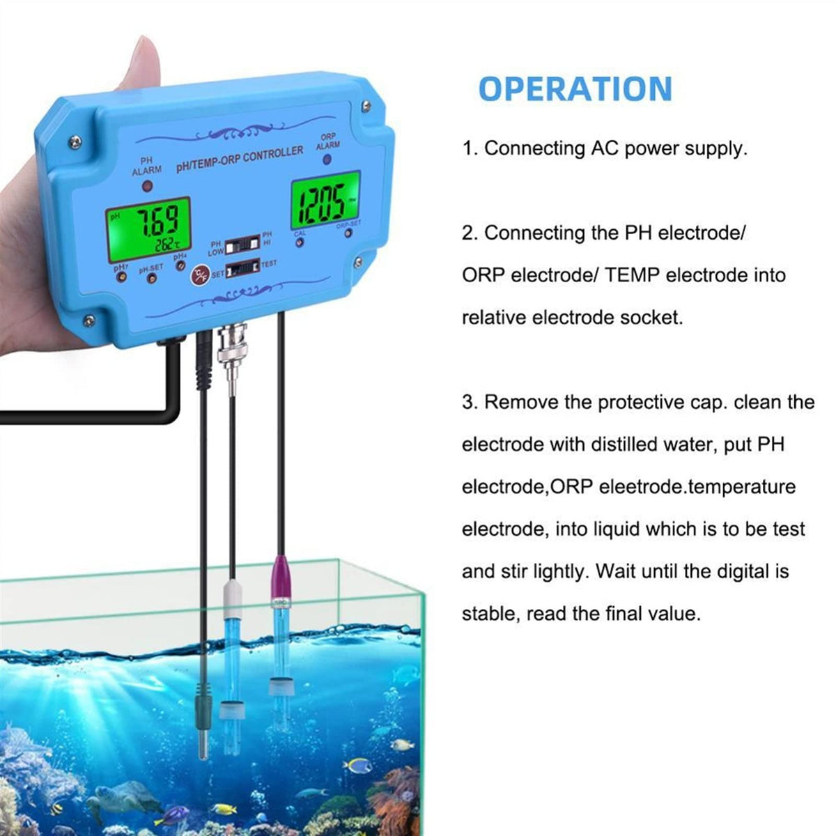 PH/Temp/ORP Controller Water Quality Detector BNC Type Probe Water Quality Tester for Aquarium Monitor