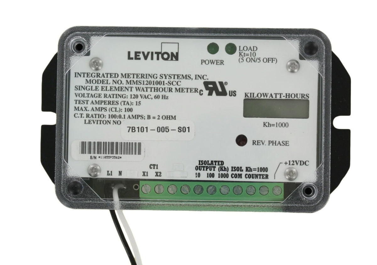 Leviton Submeter, 120V, 1 Phase 2 Wire, Single Element, 100A Mini Meter, 1kWh, No Enclosure, LCD Counter, Electric Meter, 7B101-S01