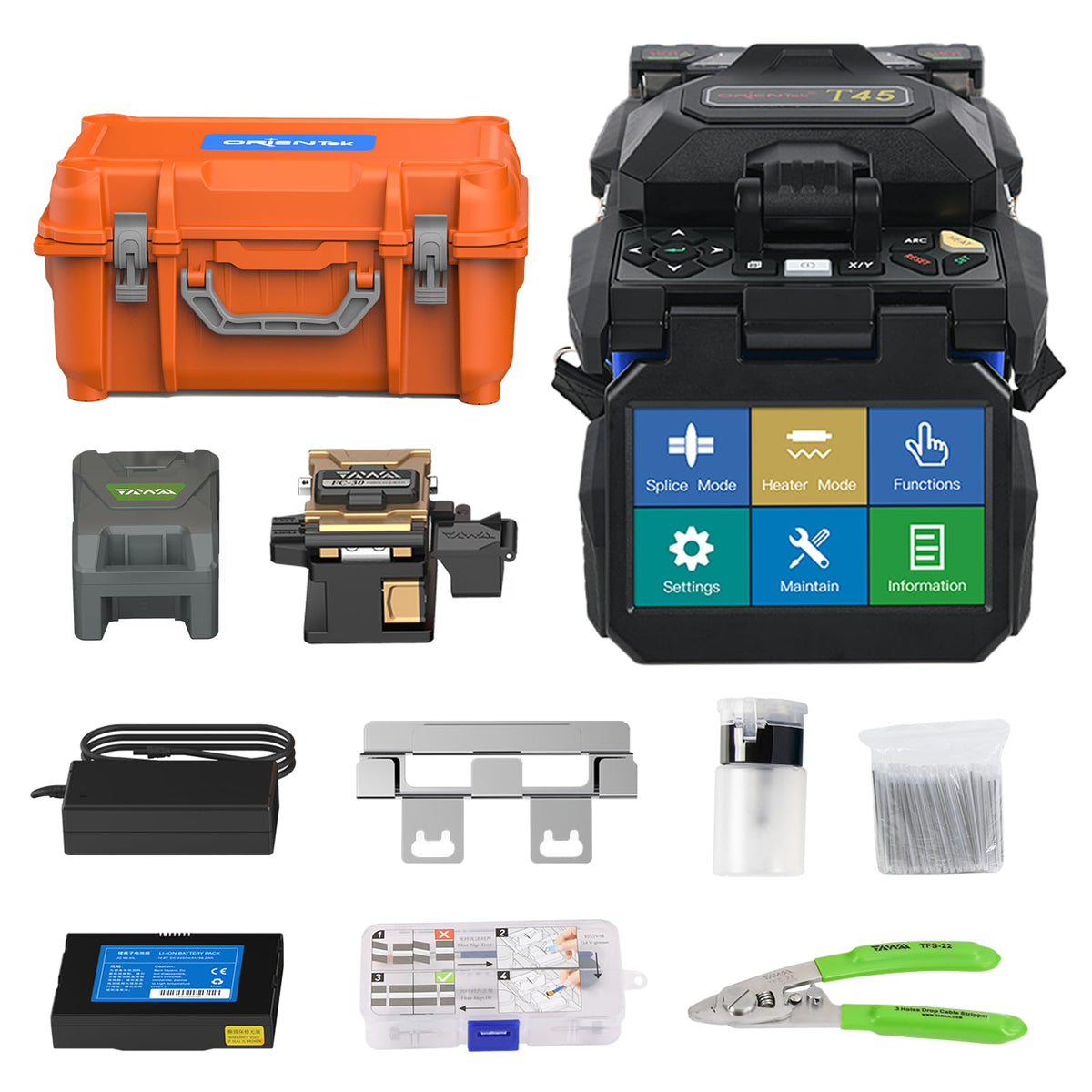 T45 FTTH Fiber Optic Fusion Splicer Machine Core Alignment Fusion Splicing Machine 7sec Splice Time 250μm, 900μm Flat Cable Jump Cables Cleaver+Optic Power Meter