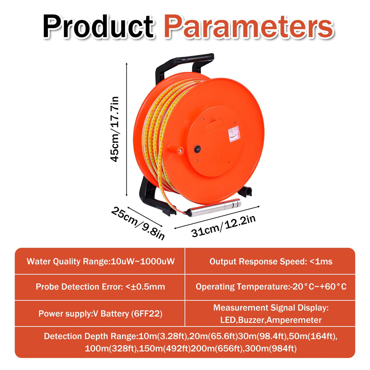 Well Water Level Meter - 15mm Stainless Steel Probe, 30m (98.4ft) Cable Reel, Accurate Depth Detection with Peak Display Function, Ideal for Water Well Measurement