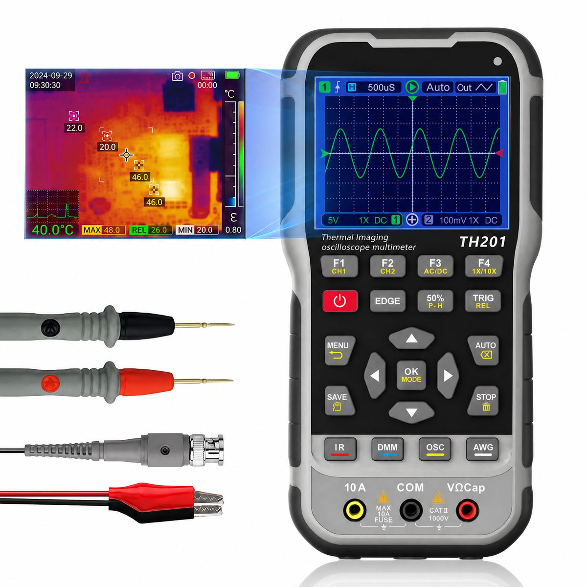 4-in-1 Handheld Oscilloscope with Thermal Imaging, 70MHz 200MSa/s Dual-Channel Digital Scope, 19999 Counts True RMS Multimeter, DDS Signal Generator,CAT II 1000V for Automotive Audio Power Electronics