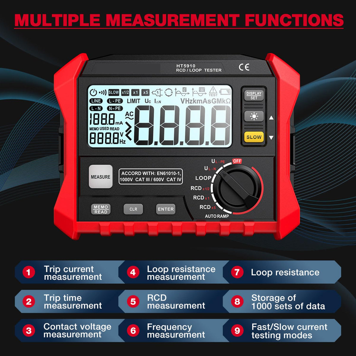 0.1~2000Ω Insulation Loop Tester, 0~440V Digital Loop Resistance Tester, with 1000pcs Data Storage, Full Auto Range Electrical Instruments Meter, Auto Shutdown, RCD Test Instrument, for Industry