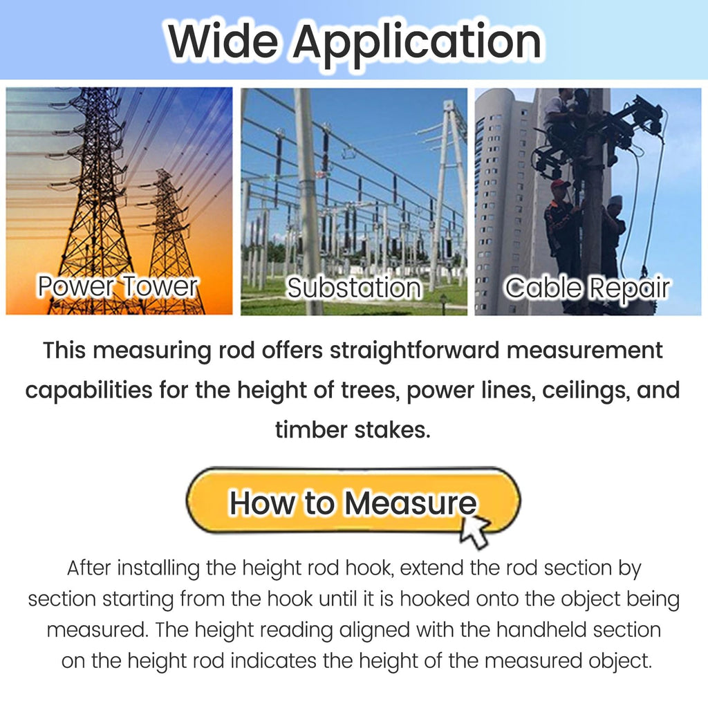 Telescoping Height Measuring Stick 32.8ft (10m) for Forestry & Utility Work, Epoxy Resin Gauge with Hook, Durable Distance Measuring Pole for Linemen (1 Pack)