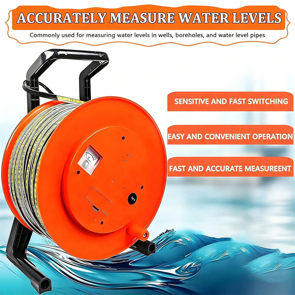 Well Water Depth Meter Indicator with Stainless Steel Probe, Electronic Water Level Gauge with Fixed Probe and Steel Tape, for Accurate Groundwater Level Measurement 200m(656ft)