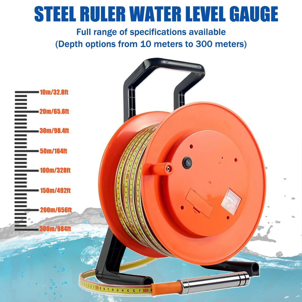 300m Portable Deep Well Water Level Meter, Electronic Depth Gauge for Groundwater Measurement, Stainless Steel Indicator with Light & Peak Display, Accurate Water Level Detection
