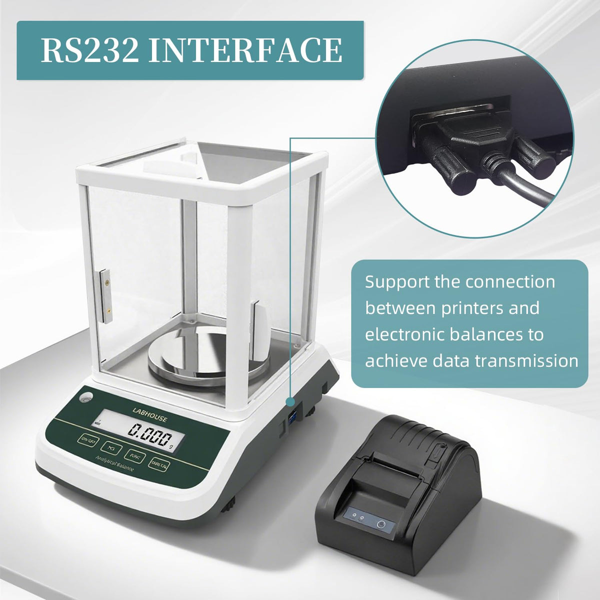 Digital Analytical Balance(Dual Display) High Precise 1mg 200g Lab Scale External Calibration, 200g/0.001g + 58MM Thermal Line Printer, RS-232 Serial Interface