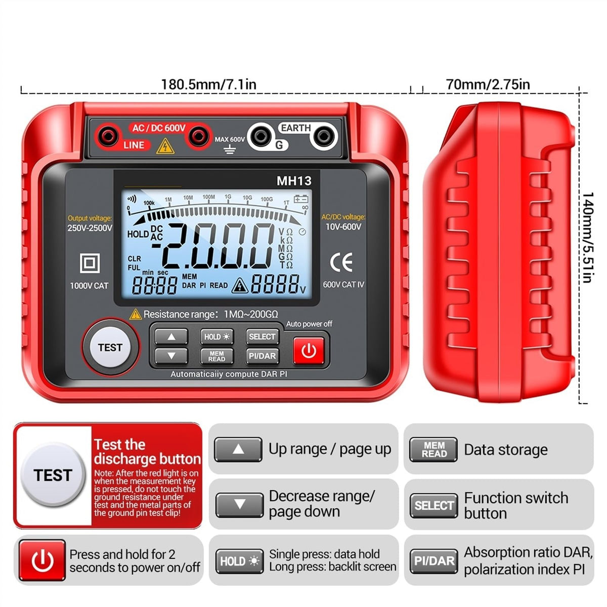 MH13 250V-2500V Digital Insulation Resistance Tester 1MΩ-200GΩ 2000 Counts 10V~600V AC/DC Voltmeter