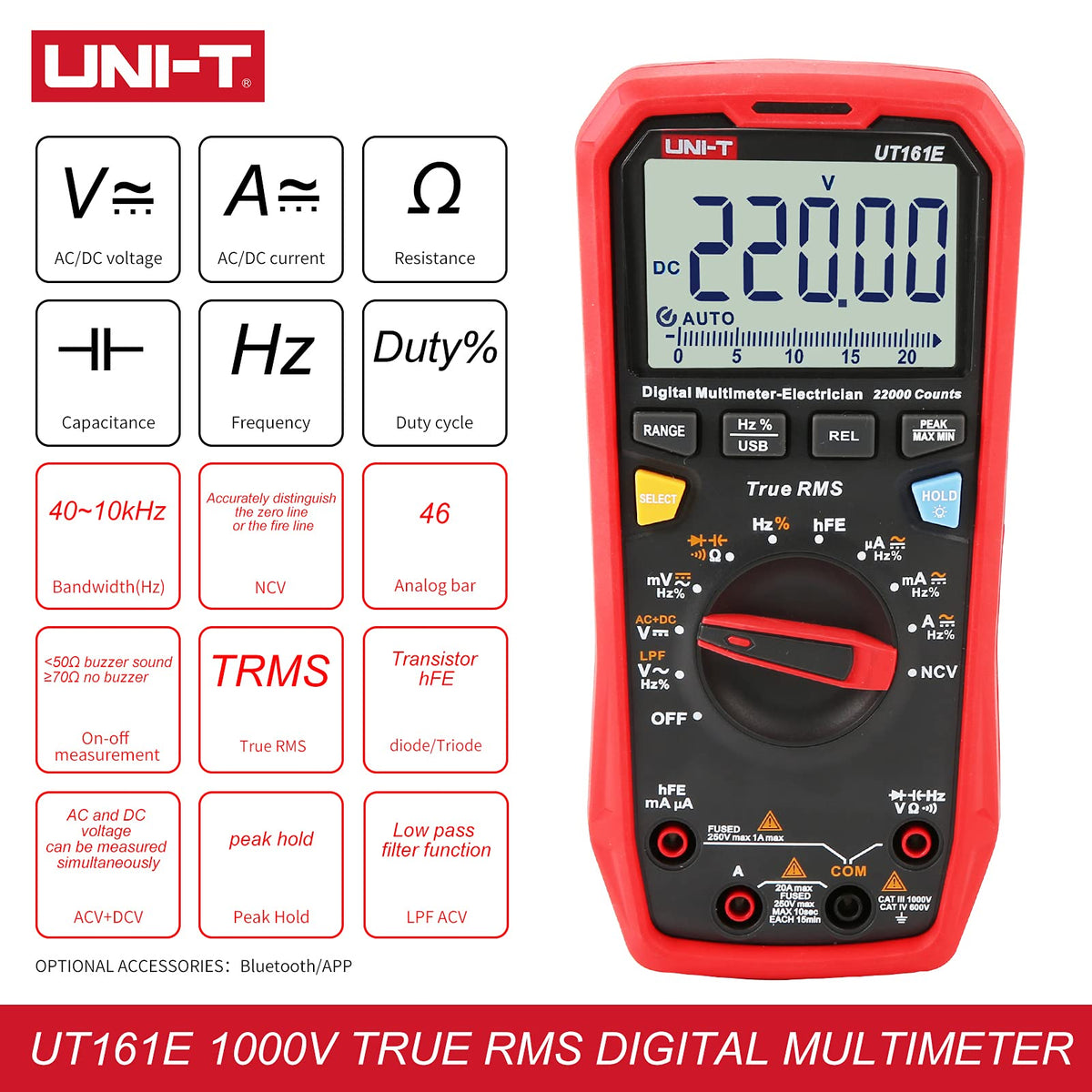 UNI-T UT161E 1000V 20A Digital Multimeter 22000 Counts Display NCV hFE Auto Range True RMS AC/DC Voltage Current Resistance Capacitance Tester Meter