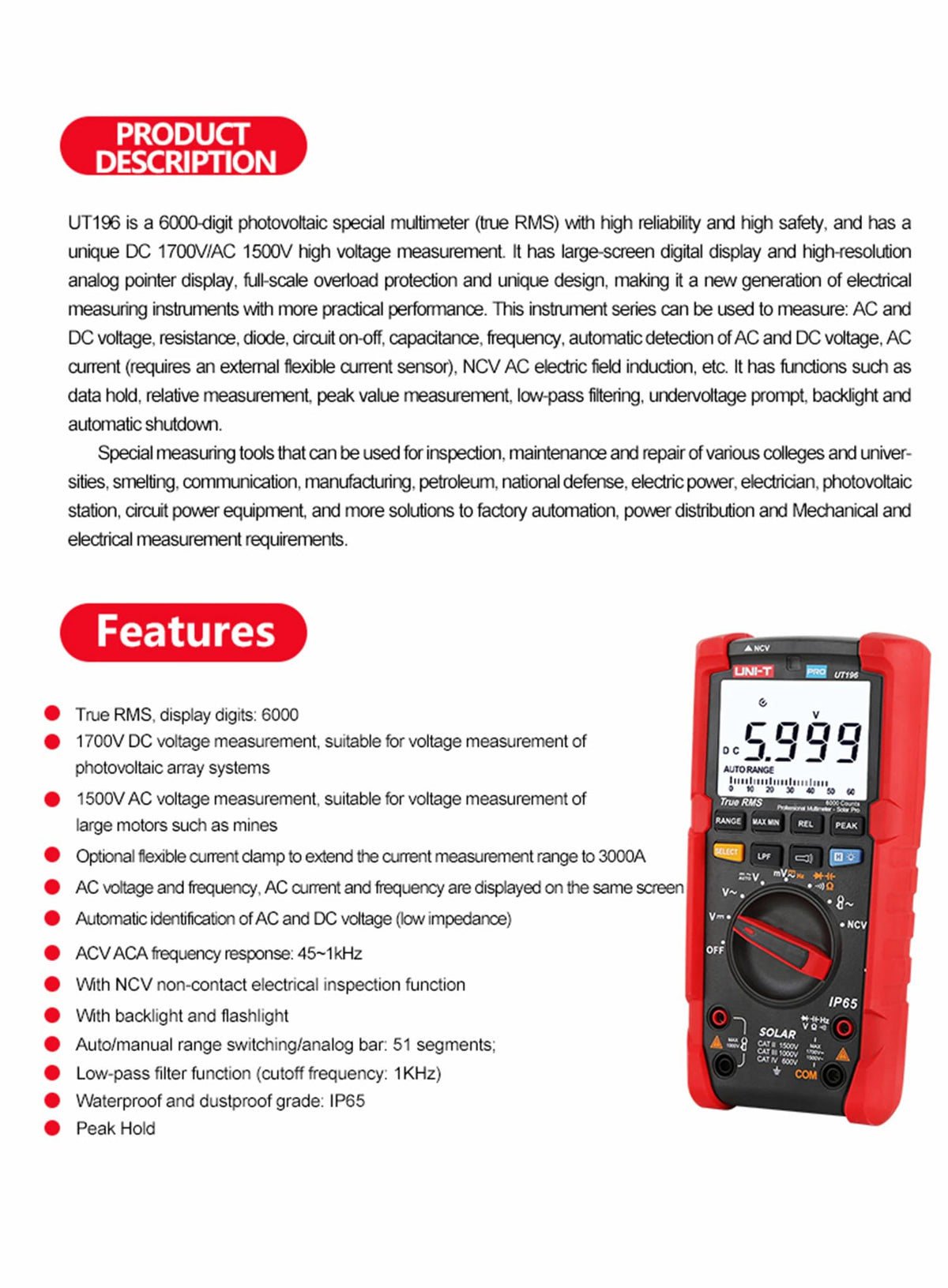UNI-T Uni-Trend Multimeter clamp Meter UT196 Professional Digital Multimeter 1700V DC Voltage Tester True RMS Capacimeter Resistance Frequency Meter- Solar Pro