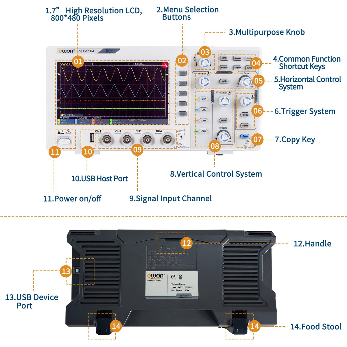 OWON 100Mhz Digital Oscilloscope SDS1104, 7 inch LCD Digital Storage oscilloscope Support SCPI, and LabVIEW,1GS/s 4 Channels Standard Decoder