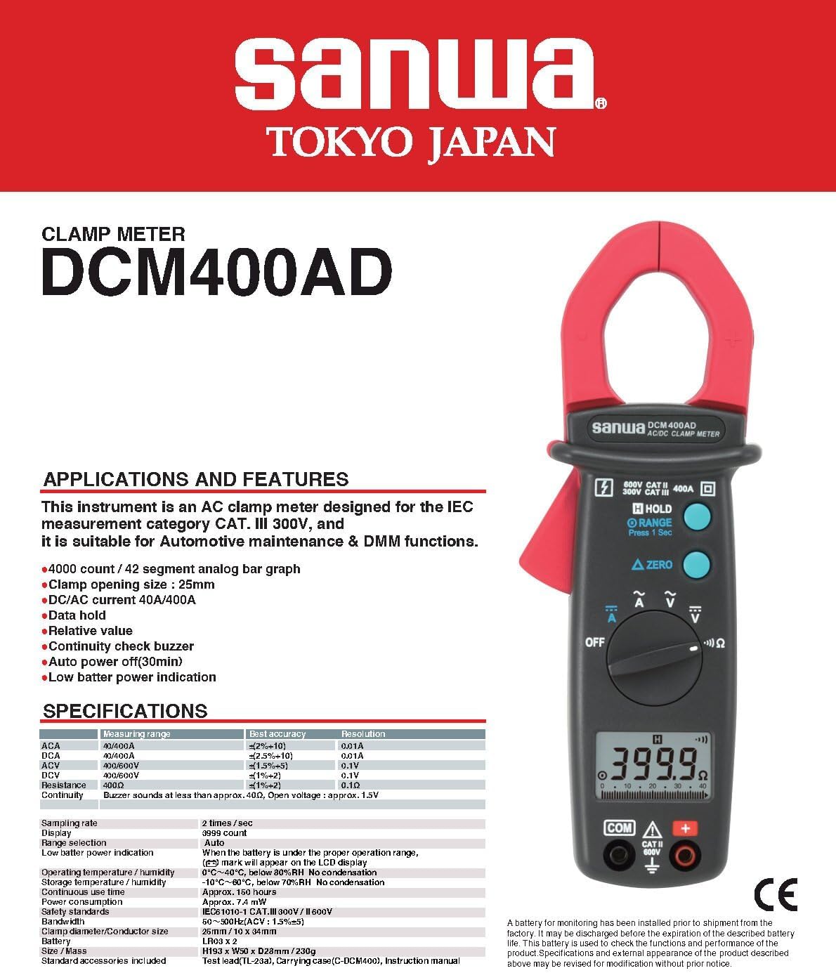 Japan Sanwa DCM400AD Suitable for Automotive Maintenance & DMM Functions AC/DC 400A Clamp Meters(DCM400AD)