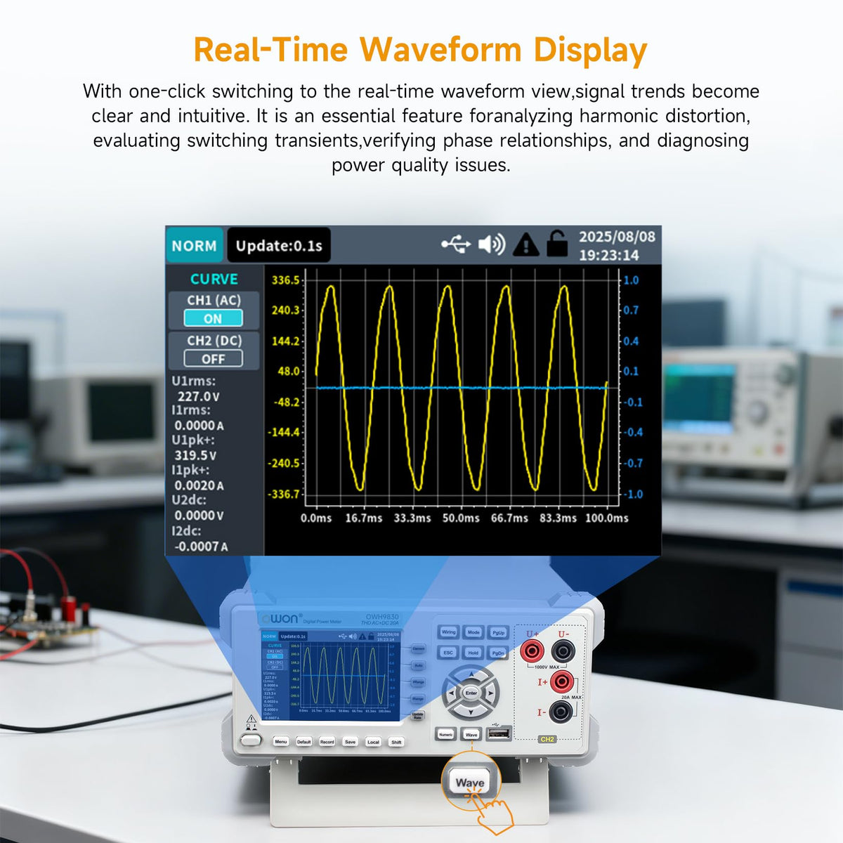 OWON Three-Phase Dual-Channel Digital Power Analyzer OWH9830, Bench Digital Power Meter with 16 Power Measurement Functions, Range 1000V/20A, 0.5% Accuracy, IEC Modes, AC/AC+DC Harmonic Test
