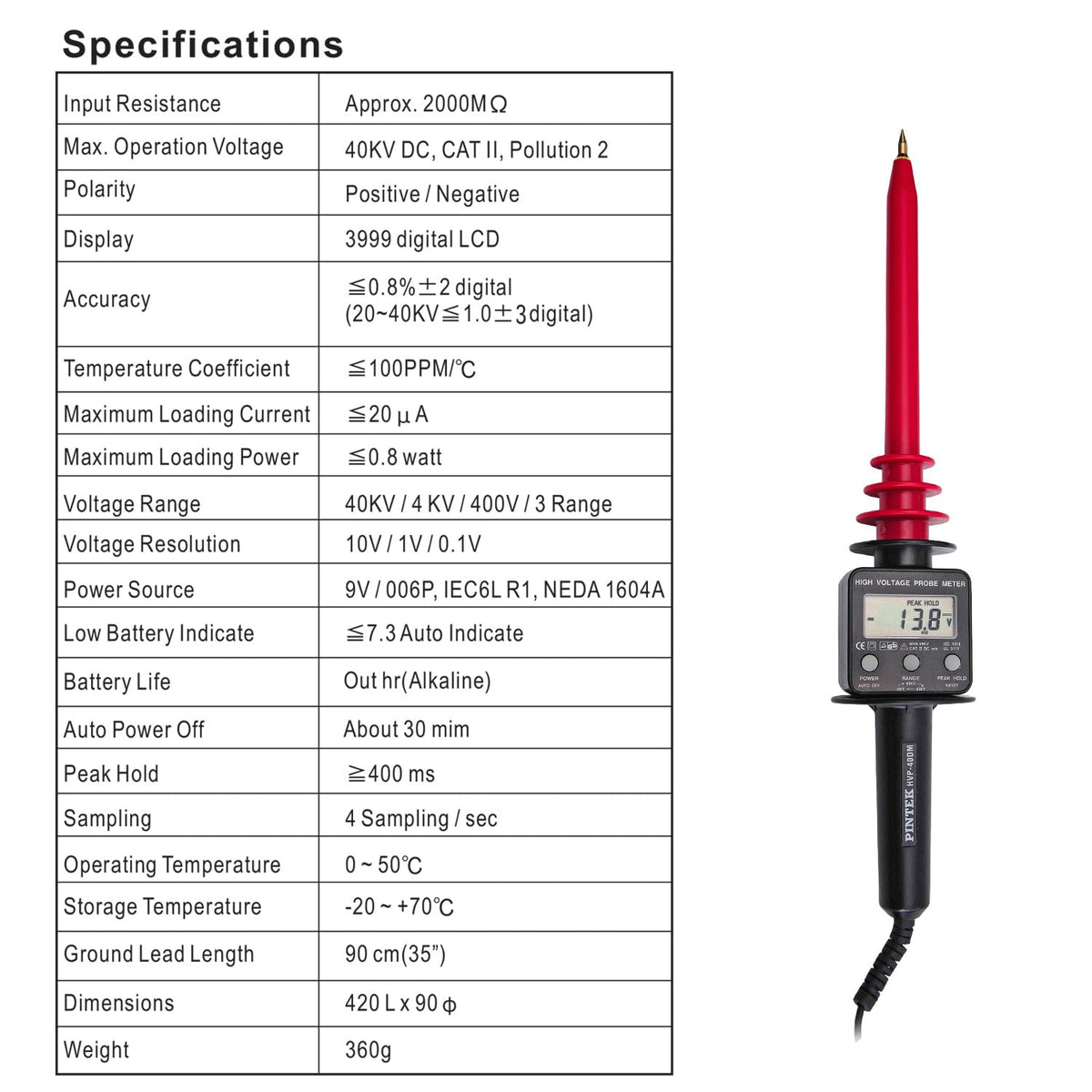 HVP-40DM 40 kV DC High Voltage Probe Meter 2000 MOhm 3999 Count LCD for Electrical Testing