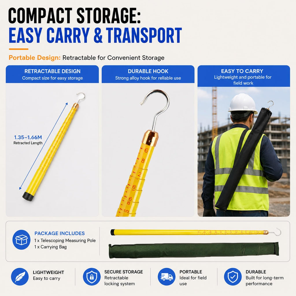 Telescopic Height Measuring Rod with Hook, Epoxy Resin Pole for Utility Inspection, Power Line Measurement, Tree Height Surveys and Construction Sites(10M)
