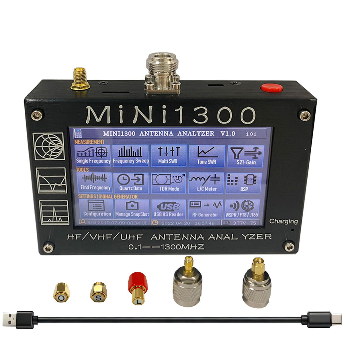Upgraded Mini1300 Antenna Analyzer 0.1-1300MHz 4.3" TFT Touch Screen RF Vector Network Analyzer Labeled SMA Calibration Kit Portable HF VHF UHF SWR Meter Aluminum Alloy Shell Full Bands