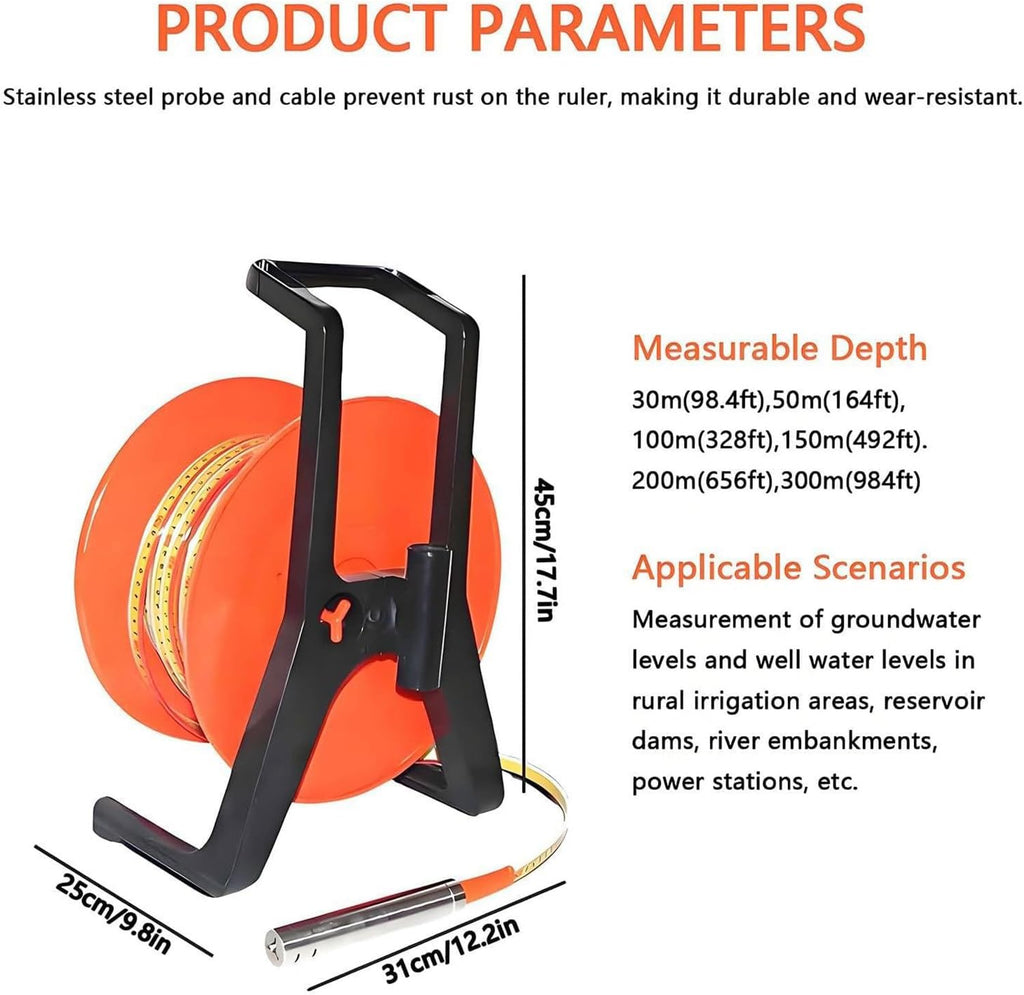 Water Level Meter, Steel Ruler Electric Water Level Gauge, Measures Depths from 10m to 300m, for Wells, Boreholes, Reservoirs & Pipes 150m