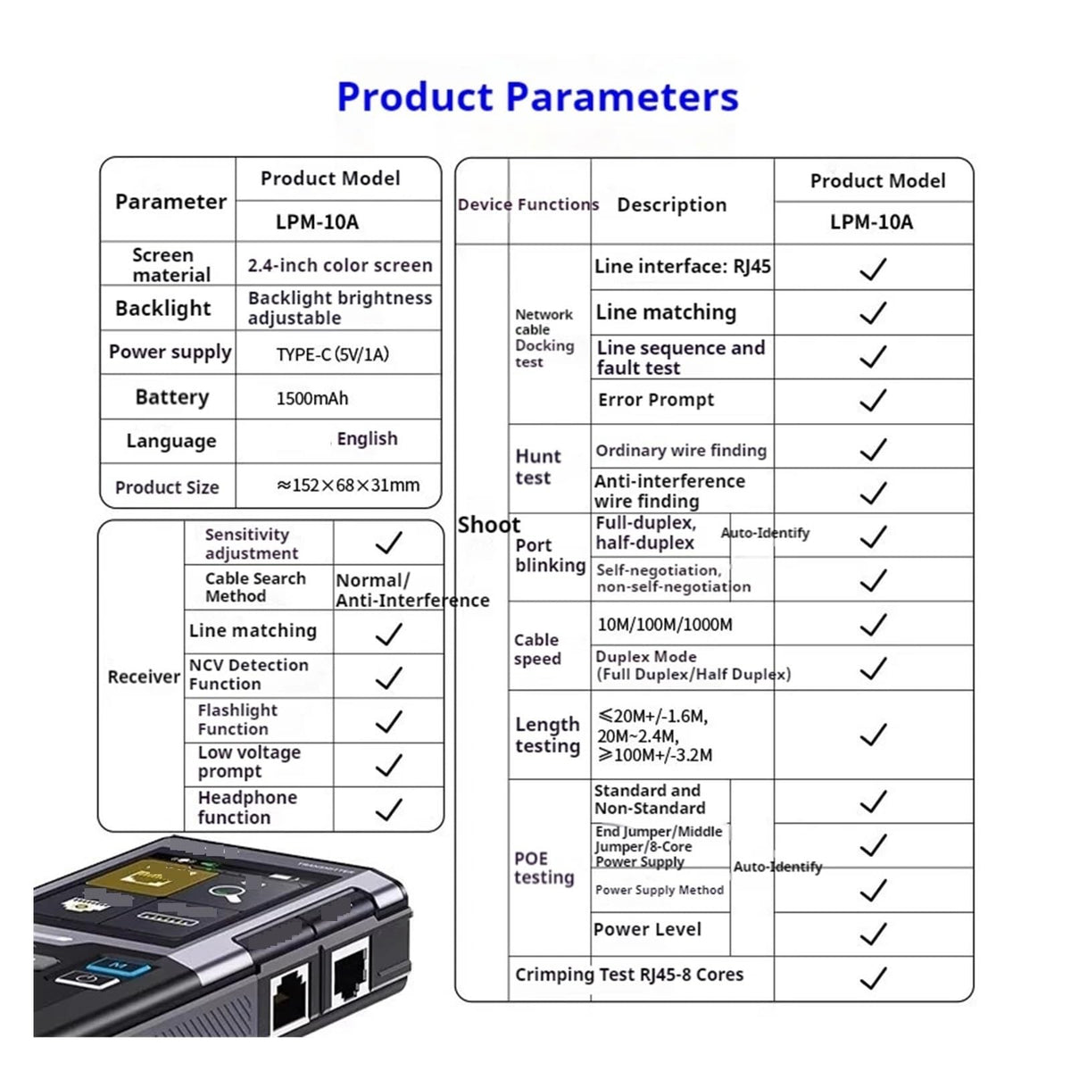 Spectrum Analyzer, LPM-10 Network Analyzer POE Cable Tester Multifunctional Anti-Interference Locator Port Blinking
