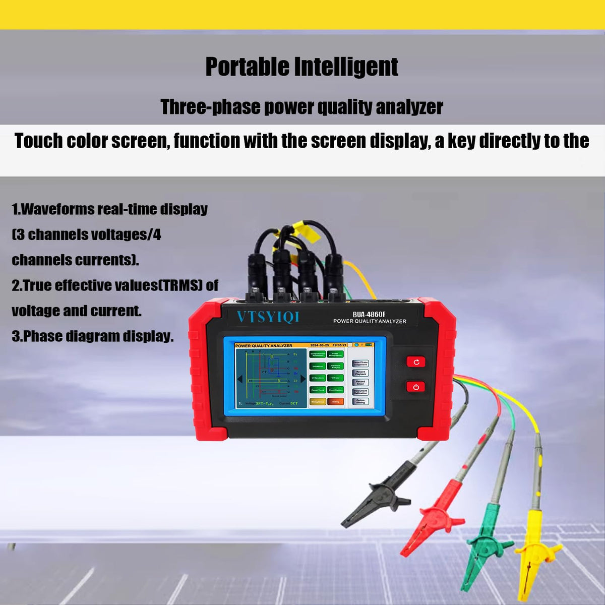 Three Phase Power Quality Analyzer Digital 3 Phase Power Quality Analyzer Meter with 16 PCS Current Clamp Sensor 10mA-6000A 3 Channels Voltage 4 Channels Current IEC61010-1 Standard
