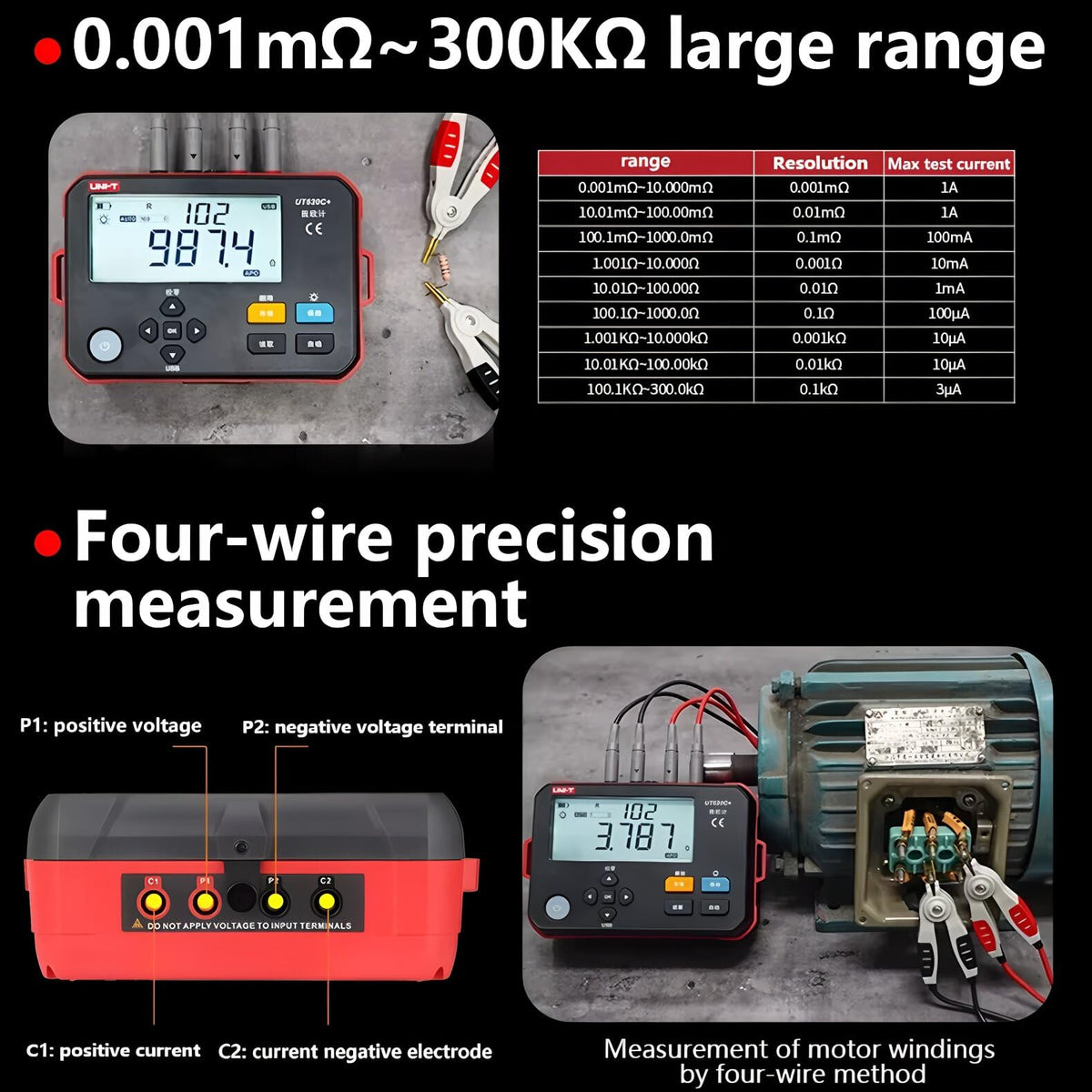 UNI-T Uni-Trend UNI-T UT620C+ Micro Ohmmeter DC Low Resistance Tester 0.001mΩ~300.0kΩ Auto & Manual Range Professional Digital Ohm Meter
