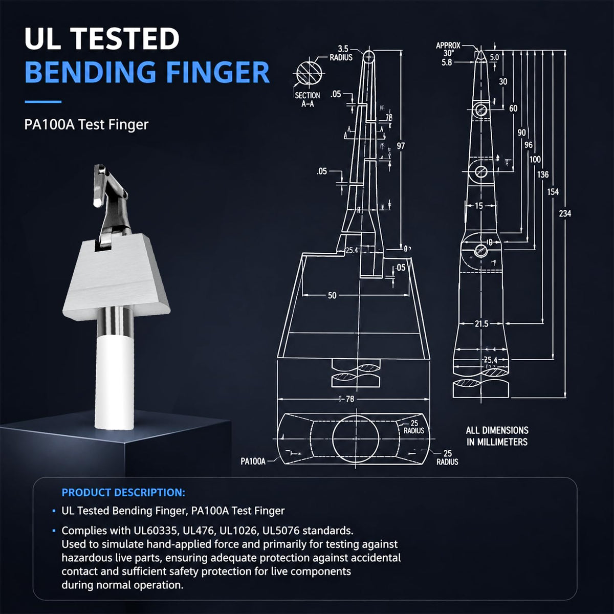 UL Test Finger Probe, Articulated Safety Testing Finger for Electrical Equipment Accessibility Inspection, Hazardous Parts Protection Evaluation Tool