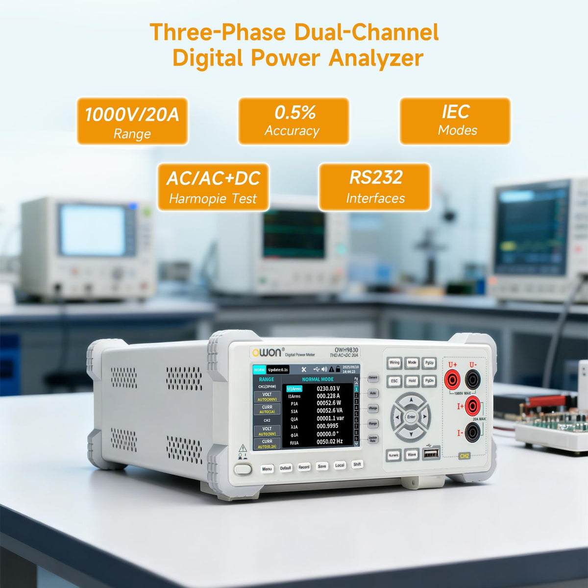OWON Three-Phase Dual-Channel Digital Power Analyzer OWH9830, Bench Digital Power Meter with 16 Power Measurement Functions, Range 1000V/20A, 0.5% Accuracy, IEC Modes, AC/AC+DC Harmonic Test