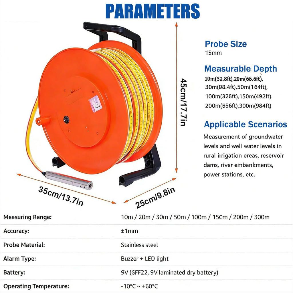 300m Portable Deep Well Water Level Meter, Electronic Depth Gauge for Groundwater Measurement, Stainless Steel Indicator with Light & Peak Display, Accurate Water Level Detection